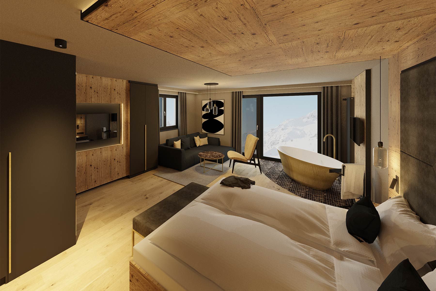 Suite Waldgeflüster with kitchenette, lounge and view of the ski piste